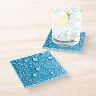 Water Drops on Blue   Custom Glass Coaster