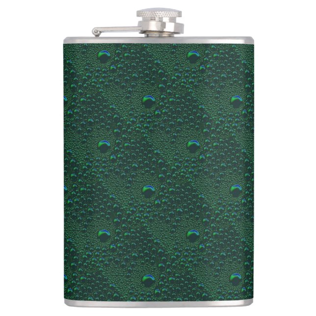 Water Drops on Green Metal Hip Flask (Front)