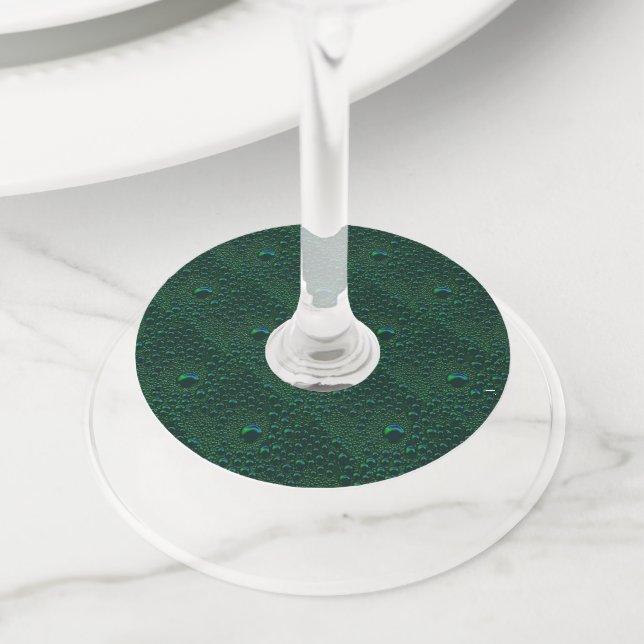 Water Drops on Green Metal Wine Glass Tag (Close Up)