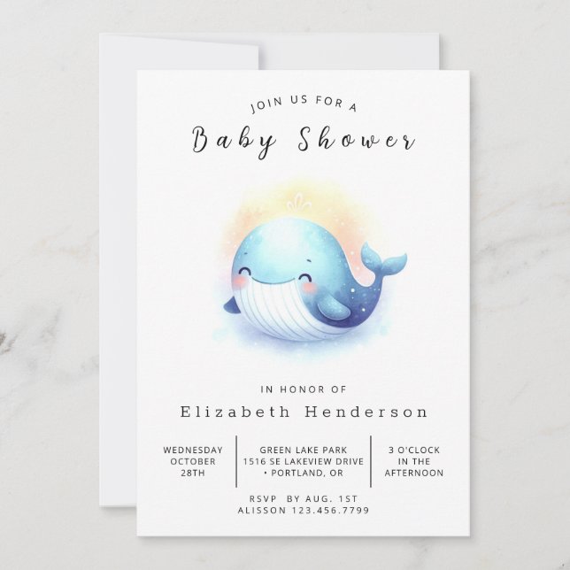 Water Editable Whale Baby Shower Invitation (Front)