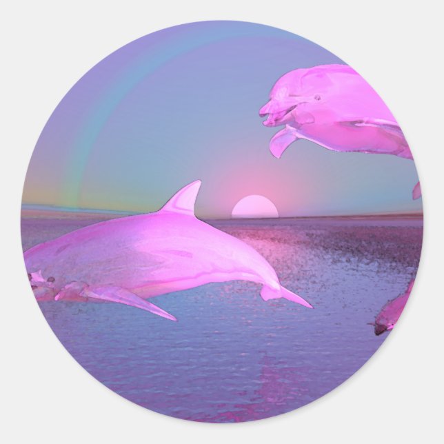 Water Fantasy Flying Dolphins Classic Round Sticker (Front)