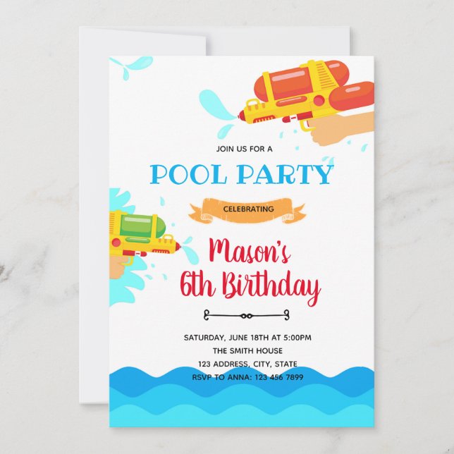 Water fight pool waterslide birthday invitation (Front)