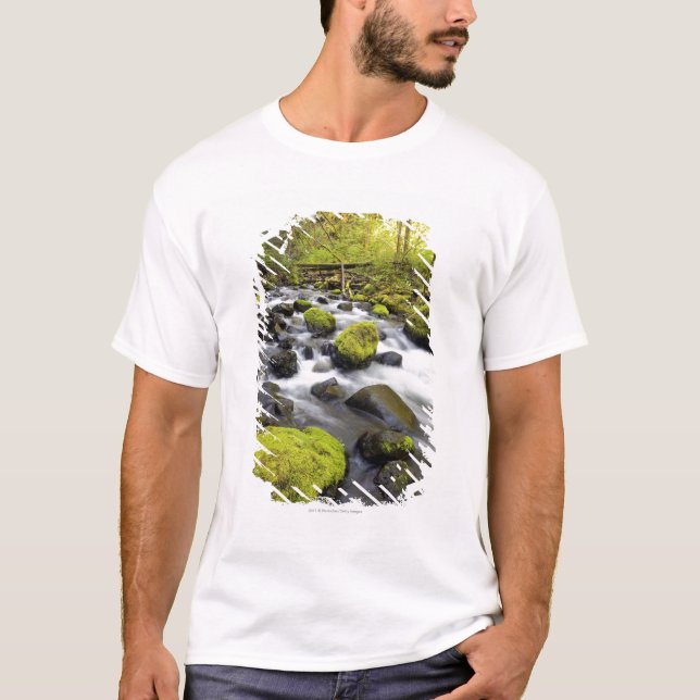 Water Flowing By Moss Covered Rocks In A Stream T-Shirt (Front)