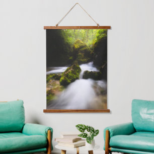 Water flowing through enchanted mossy forest hanging tapestry
