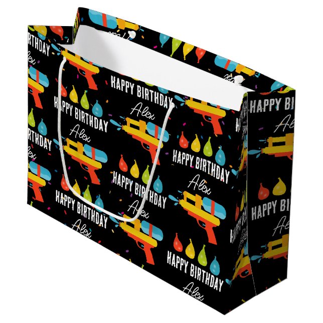 Water Gun & Balloons Summer Birthday Party Large Gift Bag (Front Angled)