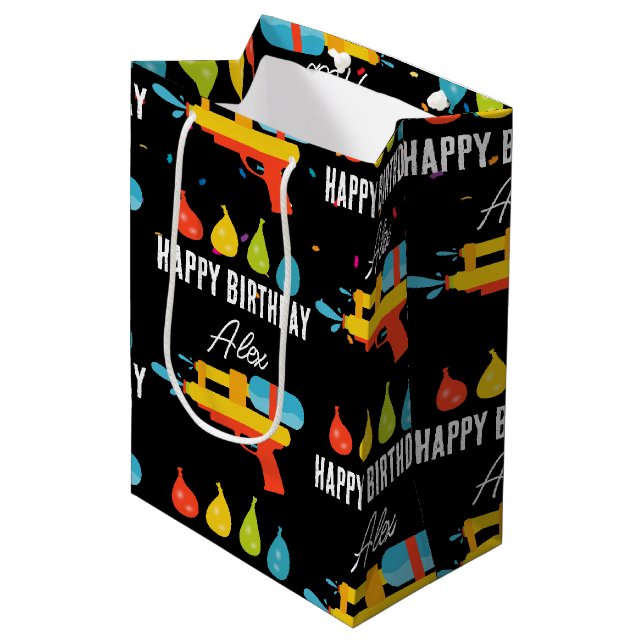 Water Gun & Balloons Summer Birthday Party Medium Gift Bag (Front Angled)