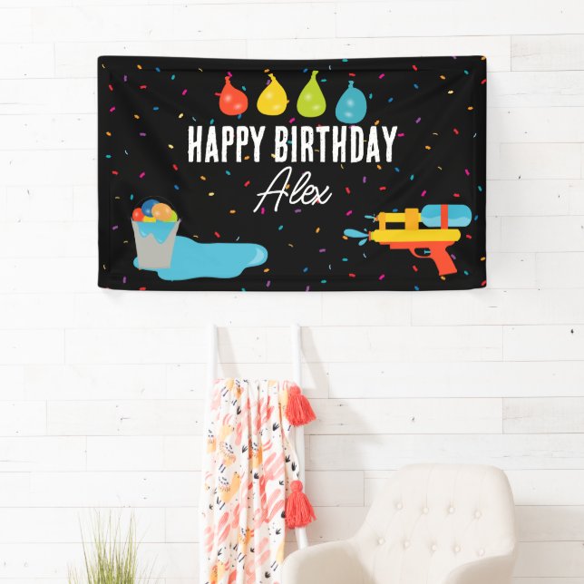 Water Gun & Balloons Summer Kids Birthday Party Banner (Insitu)