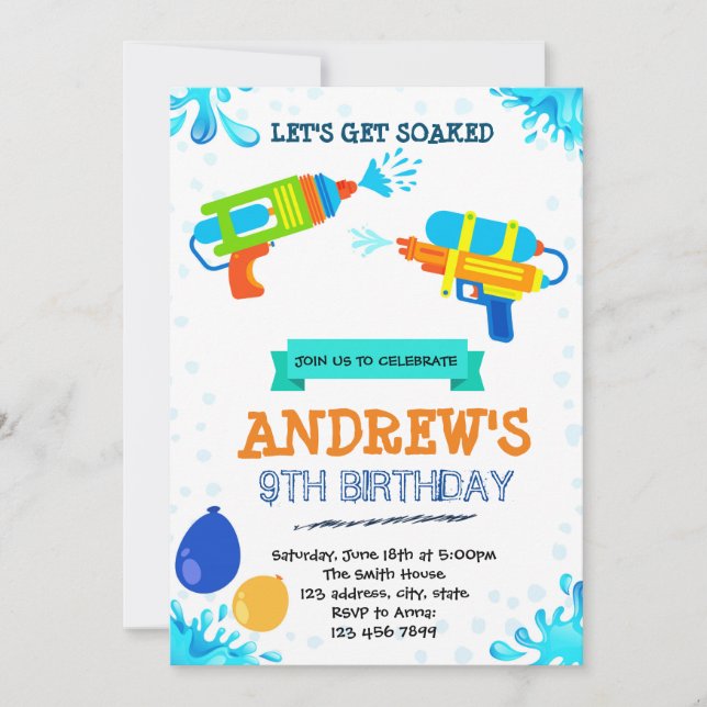 Water gun pool birthday theme invitation (Front)
