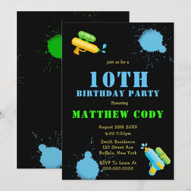 Water Gun Splash Boy 10th  Birthday Party Invites (Front/Back)