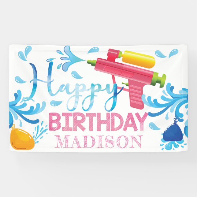 Water Gun Summer Girl Birthday Personalized Banner (Horizontal)