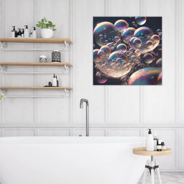 Water in Motion: Horizontal Teal & White Bubbles Canvas Print (Printed Canvas Art Modern Abstract Luminous Bubbles Floating up on Black Pink Teal Yellow Iridescent)