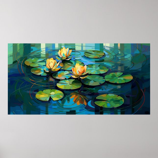 Water lilies and lotus flowers watercolor painting poster (Front)