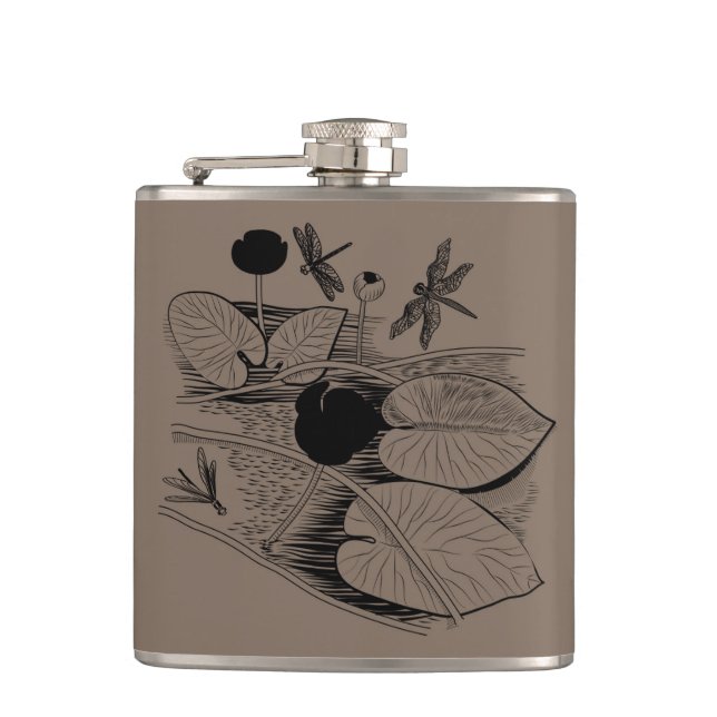 Water-lilies black engraving hip flask (Front)