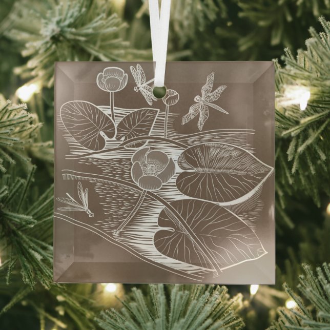 Water-lilies brown graphic glass ornament (Insitu)