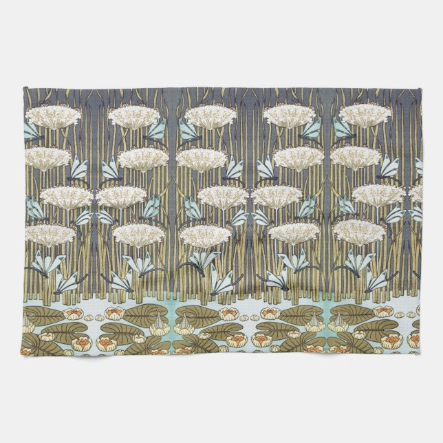 Water Lilies,Dragonflies,Marsh Art Nouveau Kitchen Towel (Horizontal)