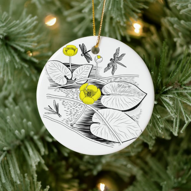 Water lilies engraving ceramic ornament (Tree)