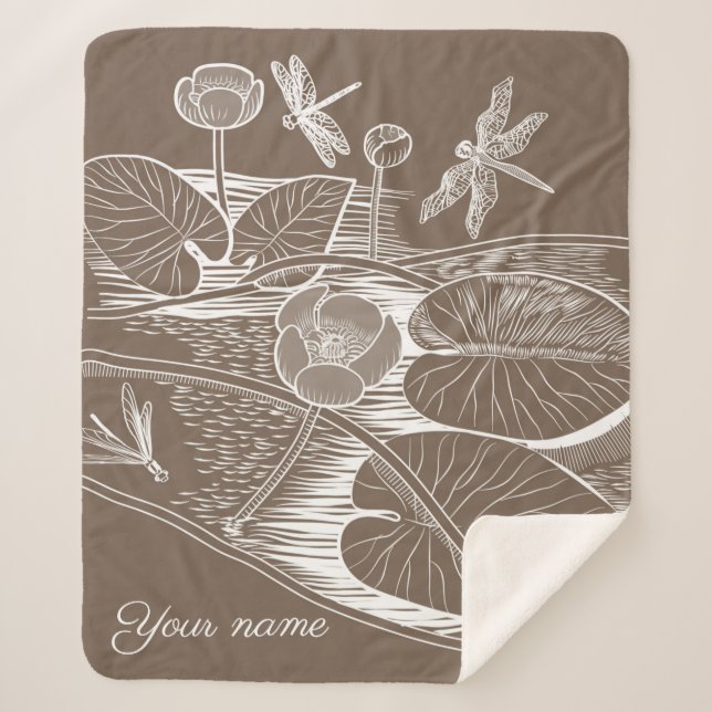 Water-lilies graphic brown sherpa blanket (Front)