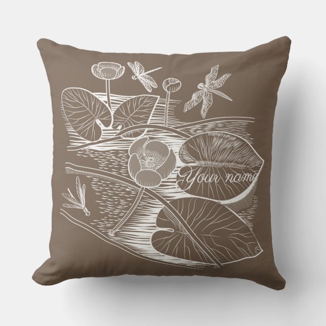 Water-lilies graphic brown throw pillow (Front)