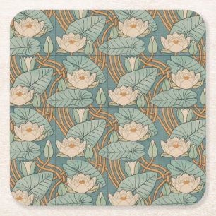 Water Lilies Lily Art Nouveau Nature Square Paper Coaster