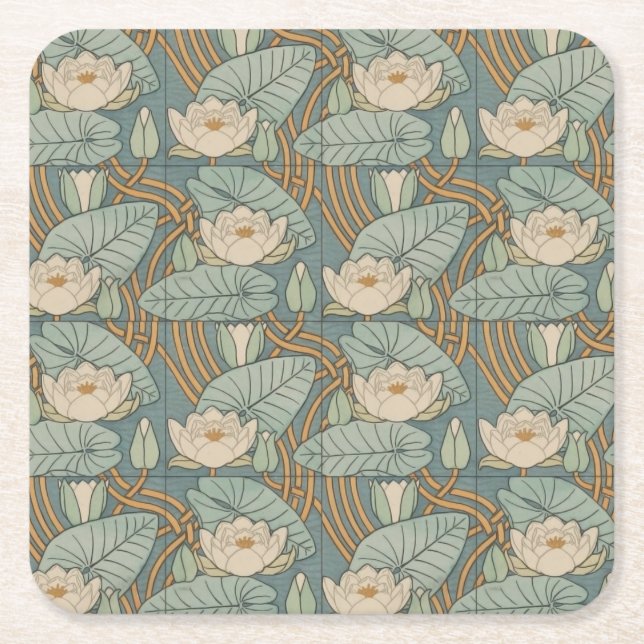 Water Lilies Lily Art Nouveau Nature Square Paper Coaster (Front)