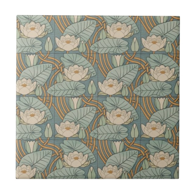 Water Lilies Lily Art Nouveau Nature Tile (Front)