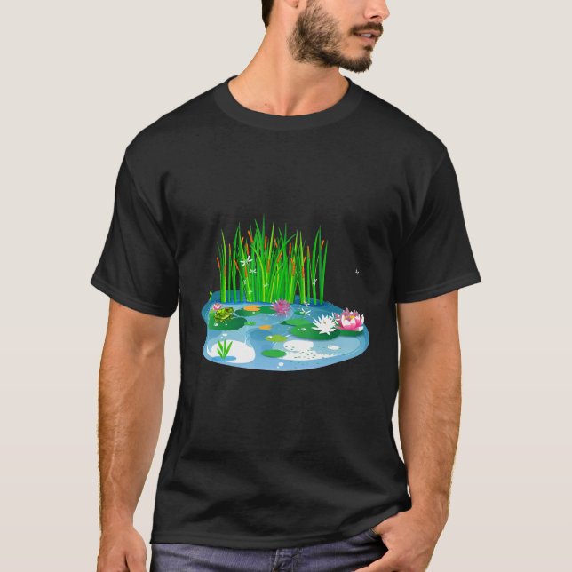 Water Lilies Pond With Frog On Lily Pad Cattails D T-Shirt (Front)