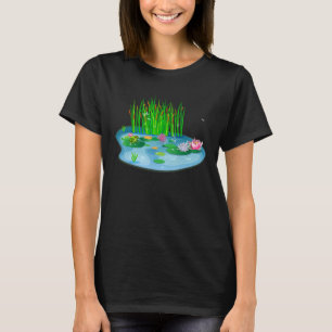 water lilies Pond with Frog on lily pad cattails D T-Shirt