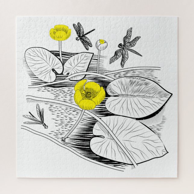 Water-lilies yellow engraving graphic jigsaw puzzle (Vertical)