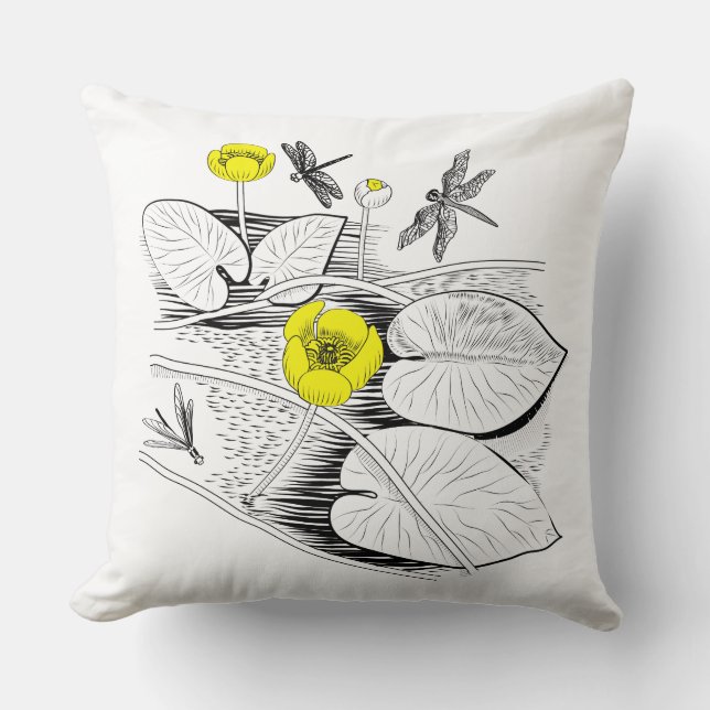 Water-lilies yellow engraving graphic throw pillow (Front)