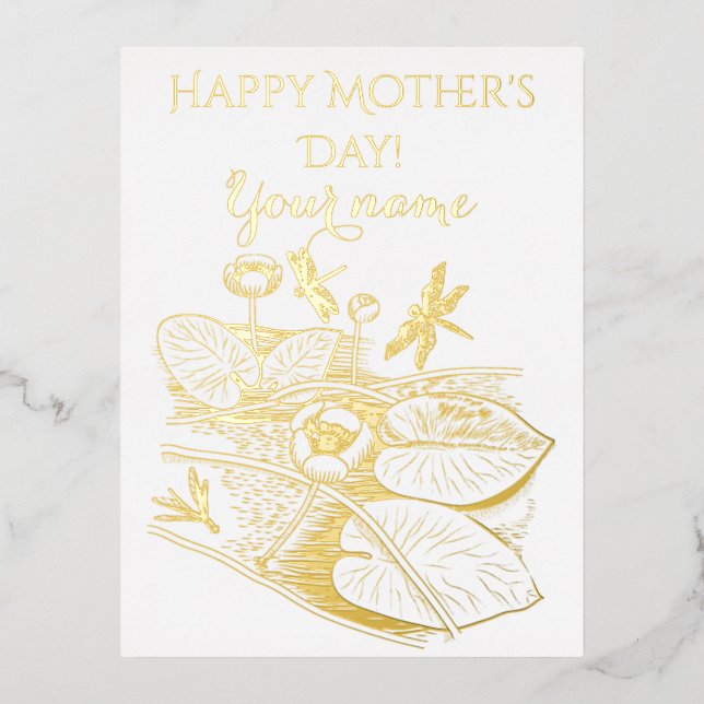 Water-lilies yellow graphic foil holiday postcard (Front)