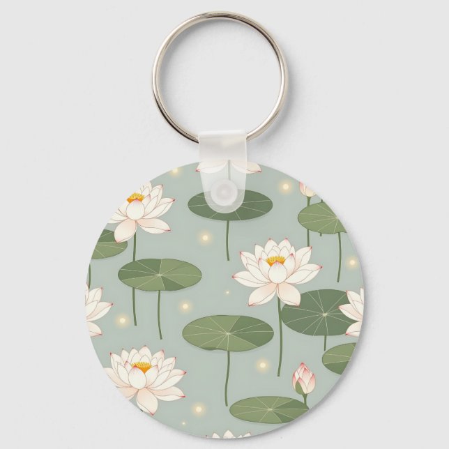 Water Lily Lotus Pond Pattern Keychain (Front)