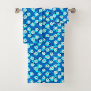 Water Lily Motif, Turquoise, Bleu et Blanc