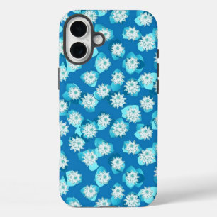 Water Lily pattern, turquoise, blue and white iPhone 16 Plus Case