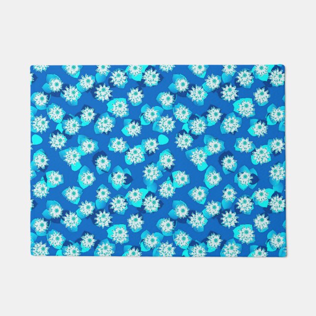 Water Lily Pattern, Turquoise, Blue and White Doormat (Front)