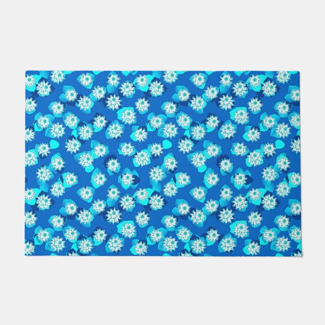 Water Lily Pattern, Turquoise, Blue and White Doormat (Front)