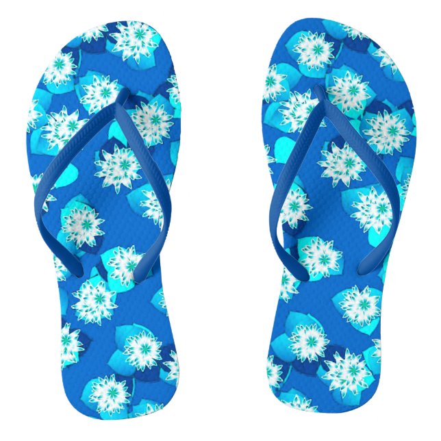 Water Lily pattern, turquoise, blue and white Flip Flops (Footbed)