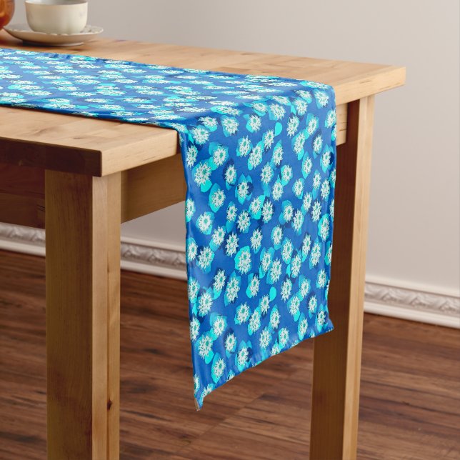Water Lily Pattern, Turquoise, Blue and White Short Table Runner (In Situ)