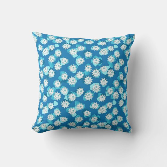Water Lily pattern, turquoise, blue and white Throw Pillow (Front)