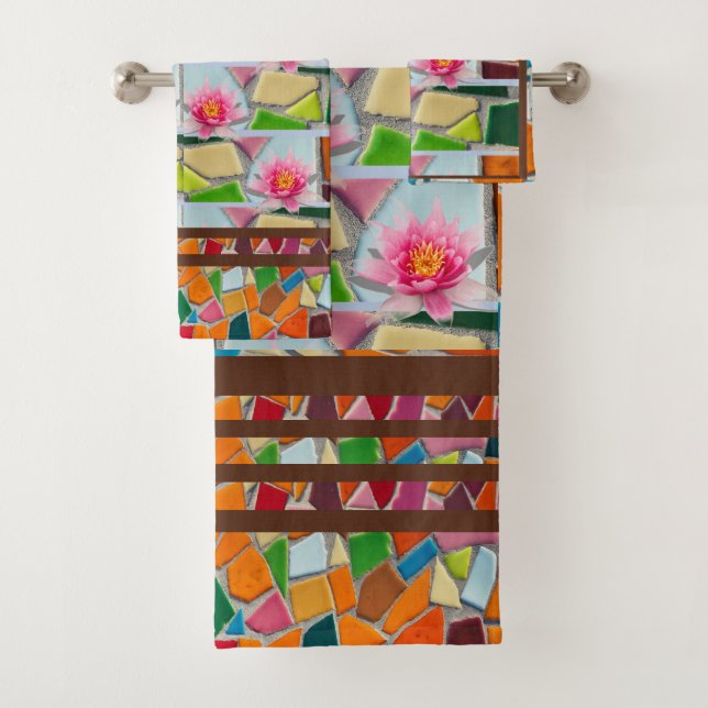 Water Lily  Penny Brown Mosaic Pattern Bath Towel Set (Insitu)