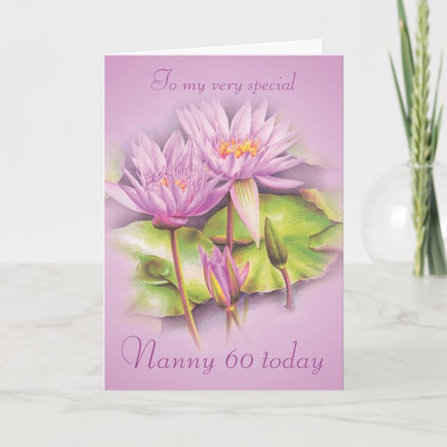 Water lily purple floral Nanny 60 birthday card (Front)