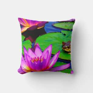 Water Lily Throw Pillow with Lily Pads and Frog