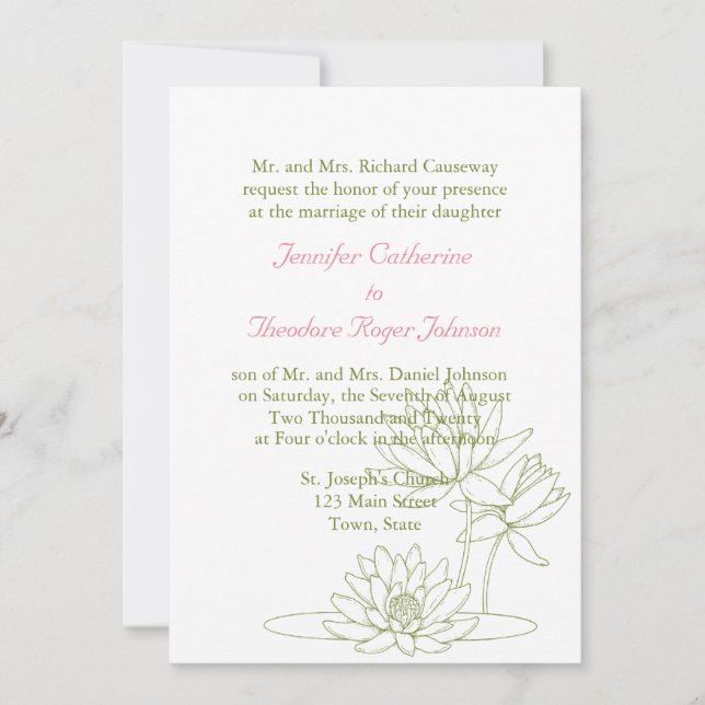 Water Lily Wedding Invitations Floral Sketch (Front)