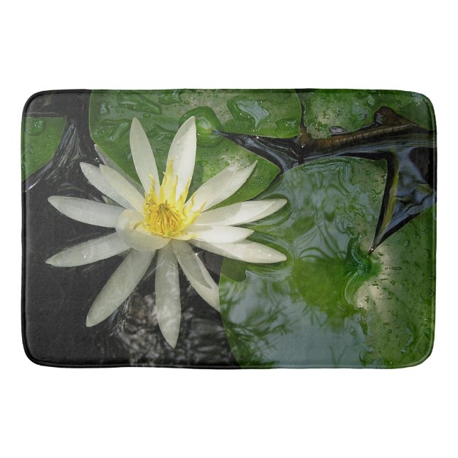 Water Lily White and Green Photograph Bath Mat (Front)