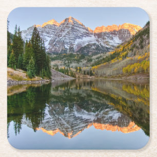 Water Maroon Bells Lake Aspen Trees Square Paper Coaster