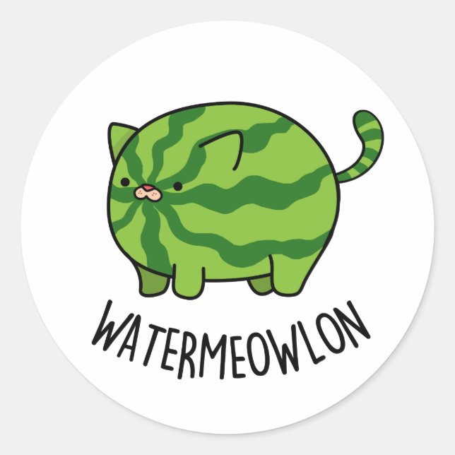 Water-meow-lon Funny Watermelon Cat Pun  Classic Round Sticker (Front)