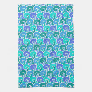 Water Ocean Waves in Blue Nautical Beach Pattern Kitchen Towel