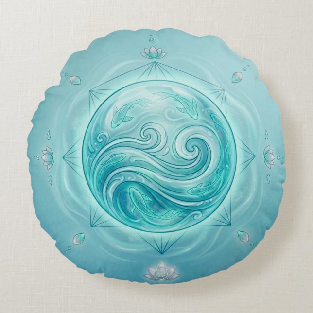 Water Oracle Orb – Flow of Intuition Round Pillow (Front)