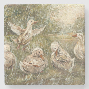 Water Play Whimsical Farmhouse Duck Family Pond Stone Coaster