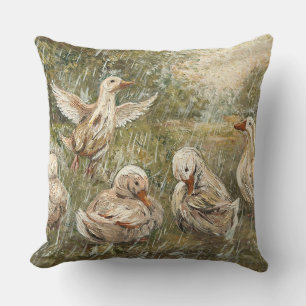 Water Play Whimsical Farmhouse Duck Family Pond Throw Pillow