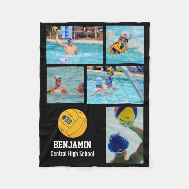 Water Polo 5 Photo Collage Name # Team Custom Flee Fleece Blanket (Front)